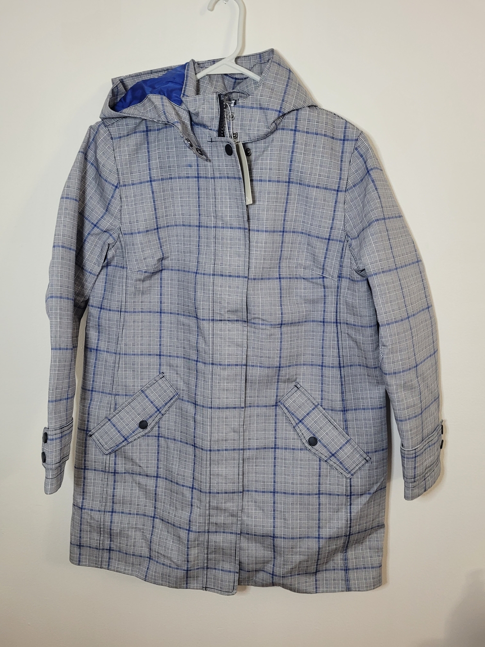 Boden Blue/Grey Check Plaid Quilted Rain Jacket W/ Hood Size 8P BNWT